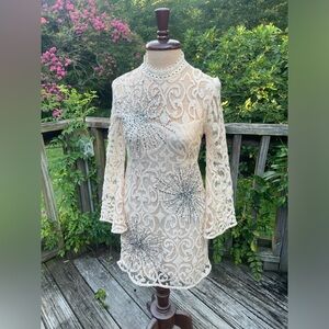 Free People North Star lace sequins mini dress ivory bell sleeves 16” pit to pit